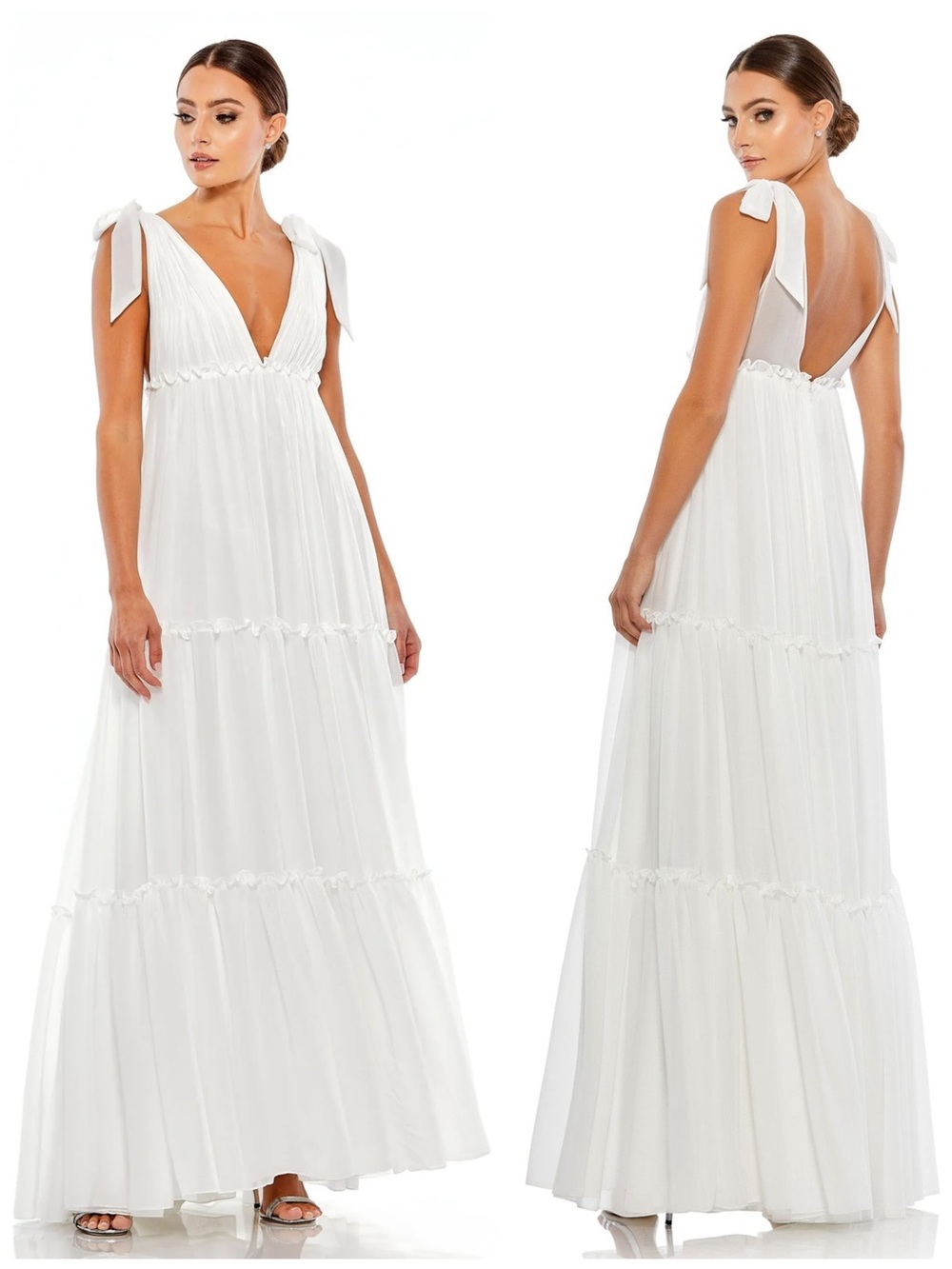 MAC DUGGAL White V Neck Plunging Maxi Gown Dress 70188 NWT $278